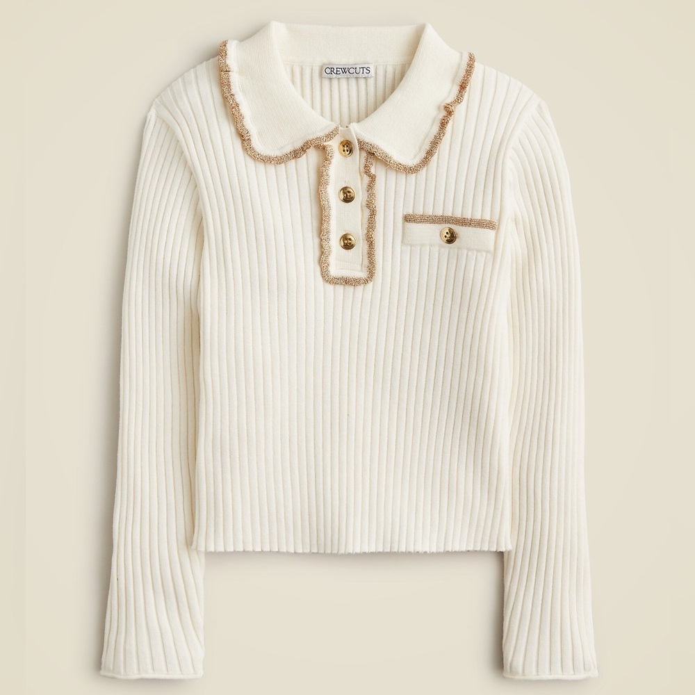 J. Crew Crewcuts Girls' ruffle polo sweater‎ Cream Gold Metallic Small 6-7